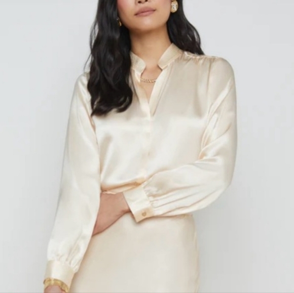 L'AGENCE Tops - L'AGENCE Bianca Silk Blouse Relaxed Band Collar Button Down Top Pearl XS